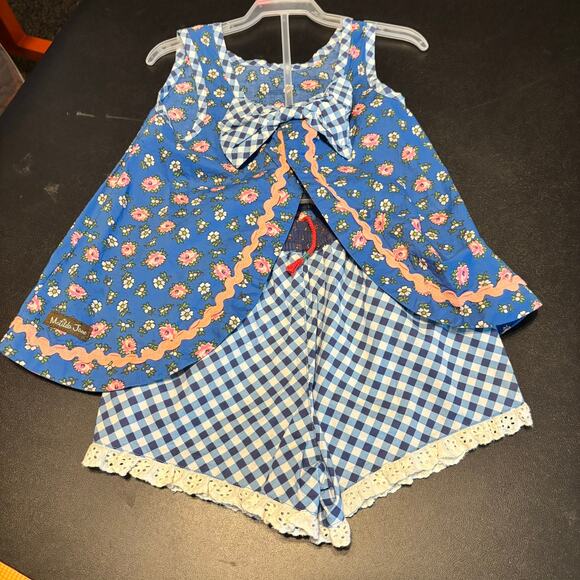 Matilda Jane Girls 2 Pc Top & Shorts Set Blue Floral Gingham Lace Size 4 - Picture 4 of 5